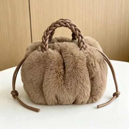 Women's Fluffy Pumpkin Handbag with Braided Handle