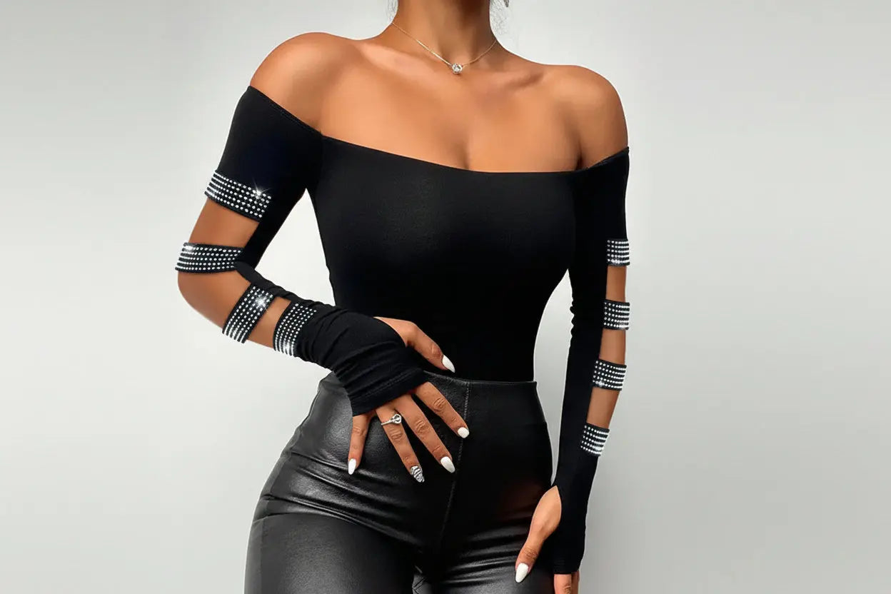 New European And American Women's Fashion Strapless Hot Diamond Long-sleeved Top