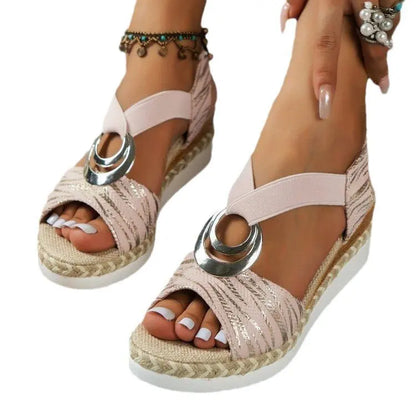 Plus Size Women's Sandals With Metal Buckle Decorative Hemp Rope Wedge Heel Light Toe Sandals