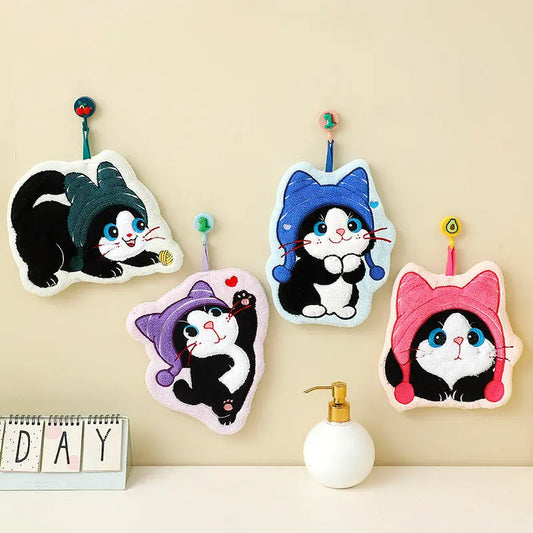 Cute Sleepy Animal Hanging Hand Towel – Soft Coral Fleece Absorbent Towel