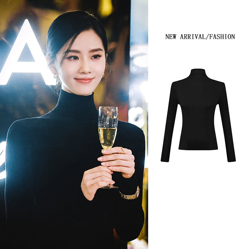 Liu Shishi With Black Turtleneck Sweater Women's Autumn And Winter New Long Sleeve Tight Bottoming Shirt Slim Top