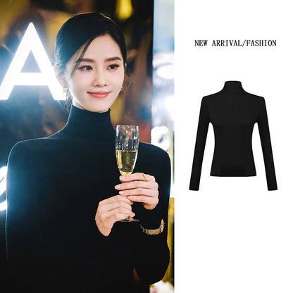 Liu Shishi With Black Turtleneck Sweater Women's Autumn And Winter New Long Sleeve Tight Bottoming Shirt Slim Top