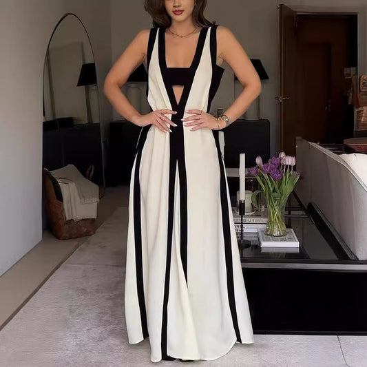 Cross-border Foreign Trade Independent Station Amazon 2024 New European And American Sexy Double-sided Wear V-neck Contrast Color Leisure Dress