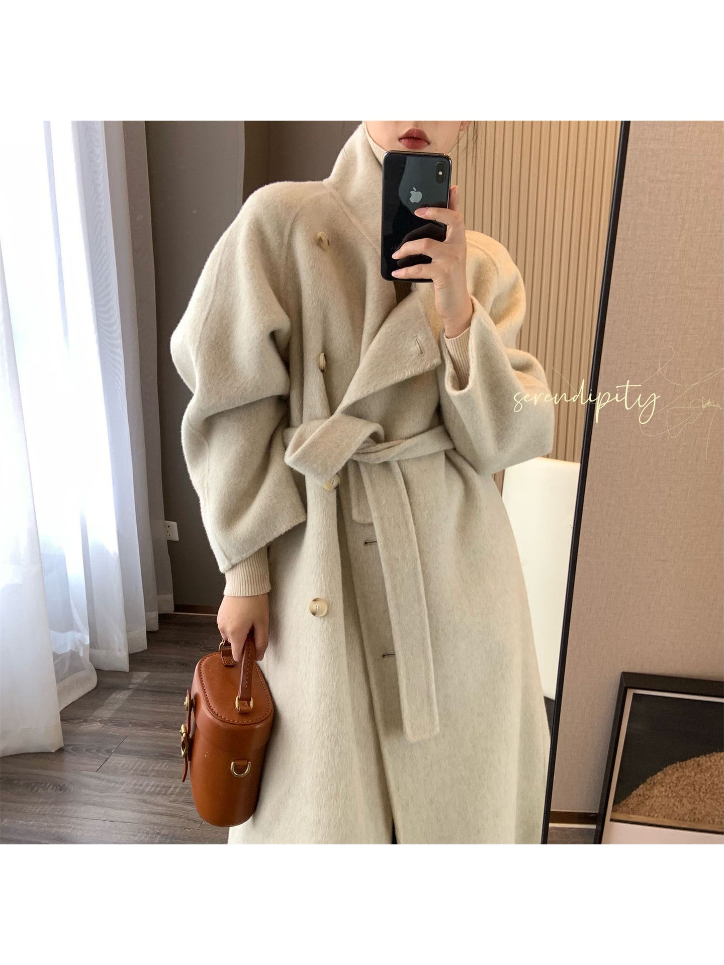 100 Sheep Wool Long-haired Mid-length Double-sided Woolen Coat With Stand-up Collar And Oblique Breasted Buttons