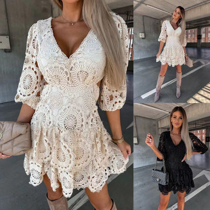 2022 New Women&amp;#039;s Wear V-neck Lace Waist Slimming Dress