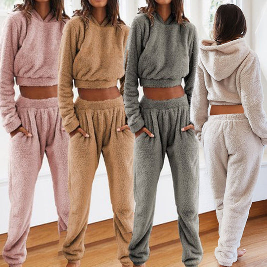 Women&#039;s Plush Hooded Long-sleeved Top Elastic Waist Trousers Casual Two-piece Set