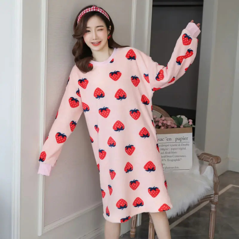 Pajamas For Women, Winter Nightgown, Women's Autumn And Winter Long-sleeved Thickened Student Korean Version Of Cute Cartoon Home Clothes