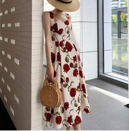 Francês Retrô Nicho Sobre o Joelho Saia Longa Cintura Fino Temperamento Alta Definição Luz Luxo Suspensórios Florais Vestido Feminino Verão