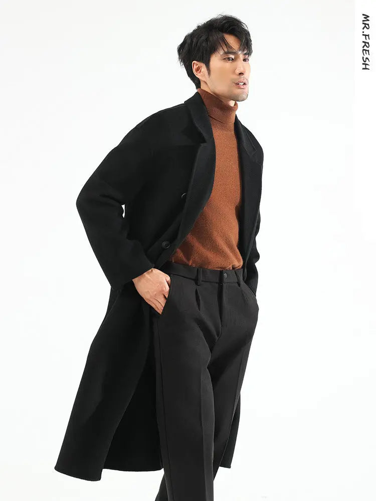 Autumn And Winter Double-Sided Cashmere Coat Men's Long Over-the-Knee Double-breasted Loose Korean-style Wool Coat Coat