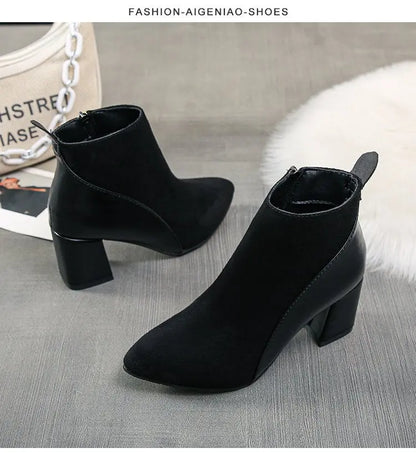 Women's Suede Pointed-Toe Block Heel Ankle Boots