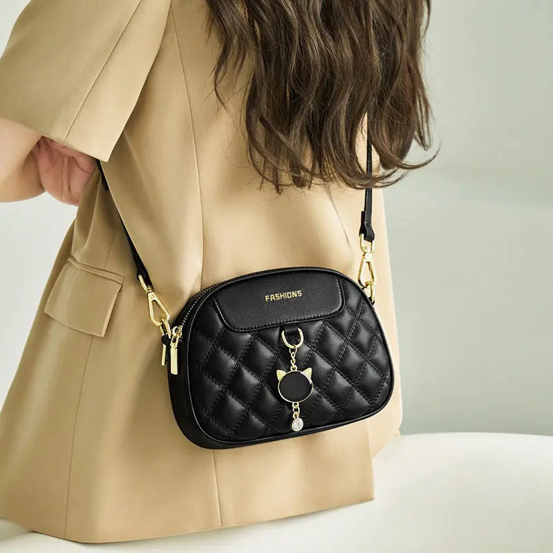Women's Quilted Double-Zip PU Crossbody Bag with Charm