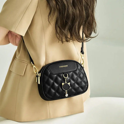 Women's Quilted Double-Zip PU Crossbody Bag with Charm