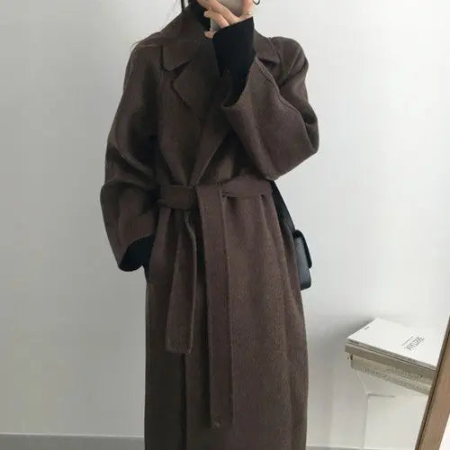2022 Korean Autumn And Winter New Temperament Self-cultivation Lace-up Waist-over-knee Long Imitation Cashmere Woolen Coat Women's