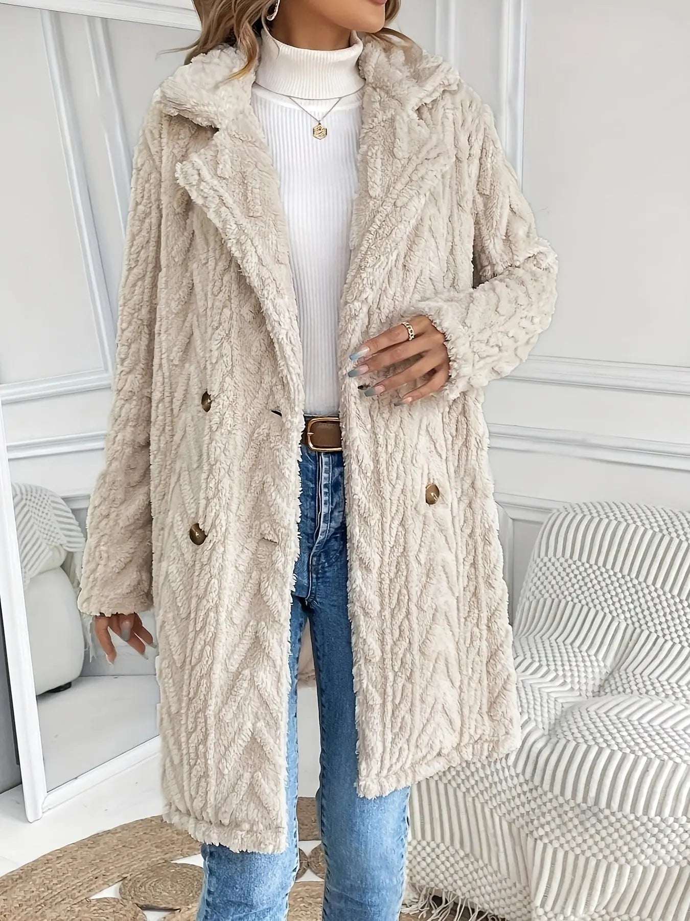 Europe And The United States Cross-border Explosions Hot Double-sided Plush Pocket Casual Double-breasted Cardigan Long Coat Women ~ Independent Station