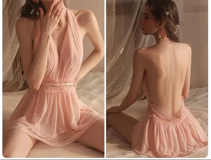Rose Erotic Lingerie Pure Color Comfortable Pajamas Large Size Suspenders Nightdress Women's Mesh Backless Home Service Set 630