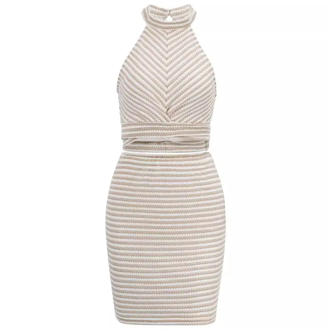 2024 Summer New Women's Clothing Independent Station New Solid Color Halter Waist-exposed Top Lace-up Suit Skirt Foreign Trade