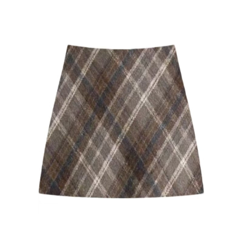 Skirt A- Shaped Short Skirt Plus Size Slight Fat MM Woolen Autumn And Winter Vintage Women's A- Line Plaid Hip Skirt Pear-shaped Body Hot