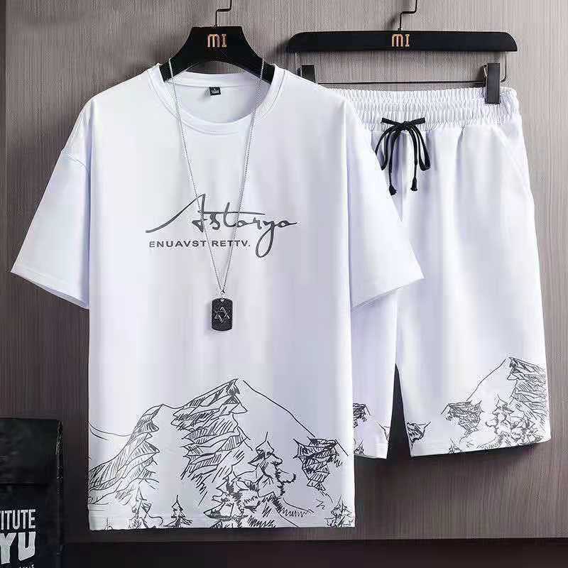 Summer Casual Suit Men&#039;s Ultra-thin Quick-drying Ice Silk Short-sleeved T-shirt Sports Shorts Running Two-piece Suit