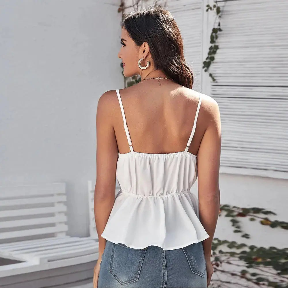 New Spot European And American Style Cross-border Women's Outer Wear Strappy Top Female Ruffled Hollow Sexy Hollow Suspender Top