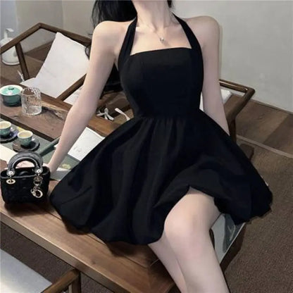 New Pure Desire Black Neck Sling Dress With Halter Waist Elegant Sexy A- Line Dress Women's Small Black Dress