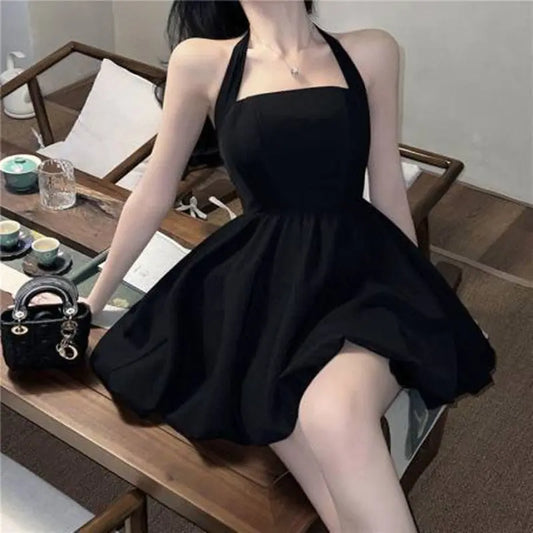 New Pure Desire Black Neck Sling Dress With Halter Waist Elegant Sexy A- Line Dress Women's Small Black Dress