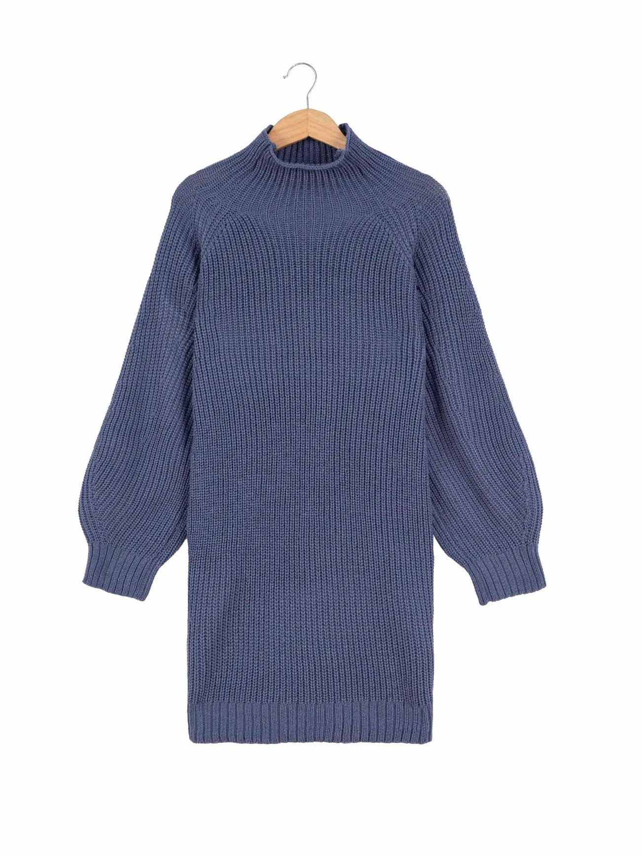 A blue ribbed knit sweater dress with balloon sleeves, hanging on a wooden hanger against a plain white background.