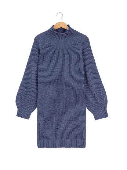 A blue ribbed knit sweater dress with balloon sleeves, hanging on a wooden hanger against a plain white background.