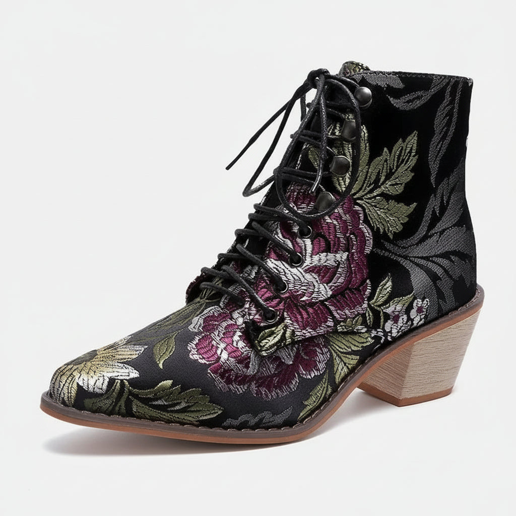 Women's Floral Brocade Lace-Up Block Heel Ankle Boots