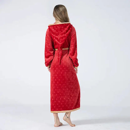 2022 Cross-border New Products Thickened And Long Red Hooded Lace-up Flannel Nightgown Embossed Star Dressing Gown