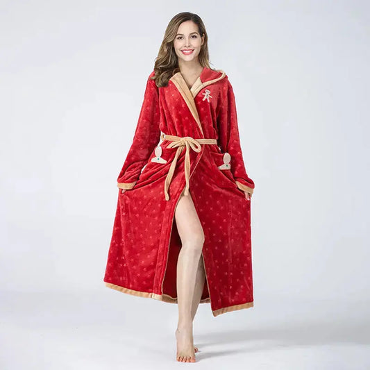 2022 Cross-border New Products Thickened And Long Red Hooded Lace-up Flannel Nightgown Embossed Star Dressing Gown