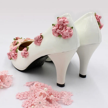 Flower Decoration High-heeled Women&amp;amp;#039;s Shoes Autumn Round Toe Patent Leather Wedding Shoes Bride Wedding Dress Shoes