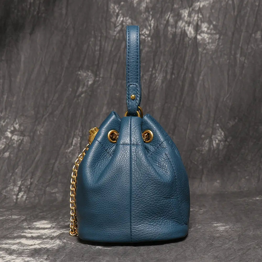 Women's Cowhide Leather Mini Bucket Bag with Chain