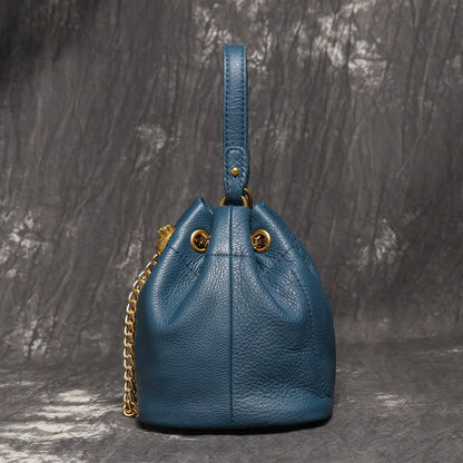 Women's Cowhide Leather Mini Bucket Bag with Chain