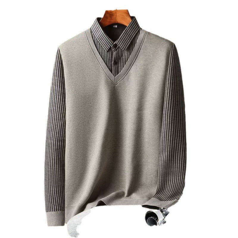 Autumn And Winter New Fake Two-Piece Shirt Men's Warm Top One-Piece Velvet Thickeneded Middle-Aged And Elderly Knitted Knitwear
