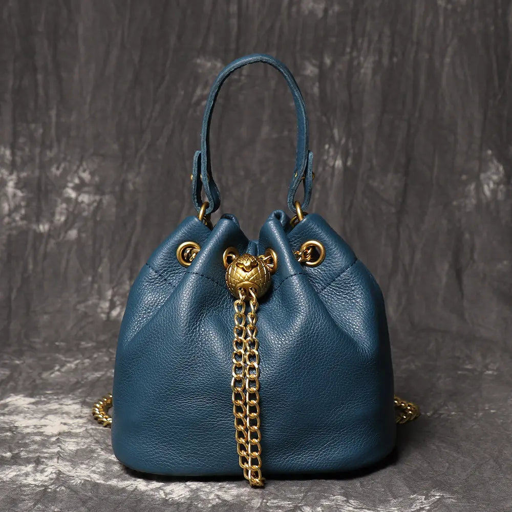 Women's Cowhide Leather Mini Bucket Bag with Chain