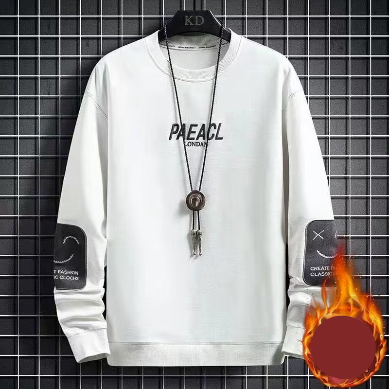 Streetwear sweatshirt featuring ‘PAEACL LONDON’ printed on the front, sleeve patches with additional branding, and available in four colors—red, black, grey, and white—perfect for urban fashion lovers.
