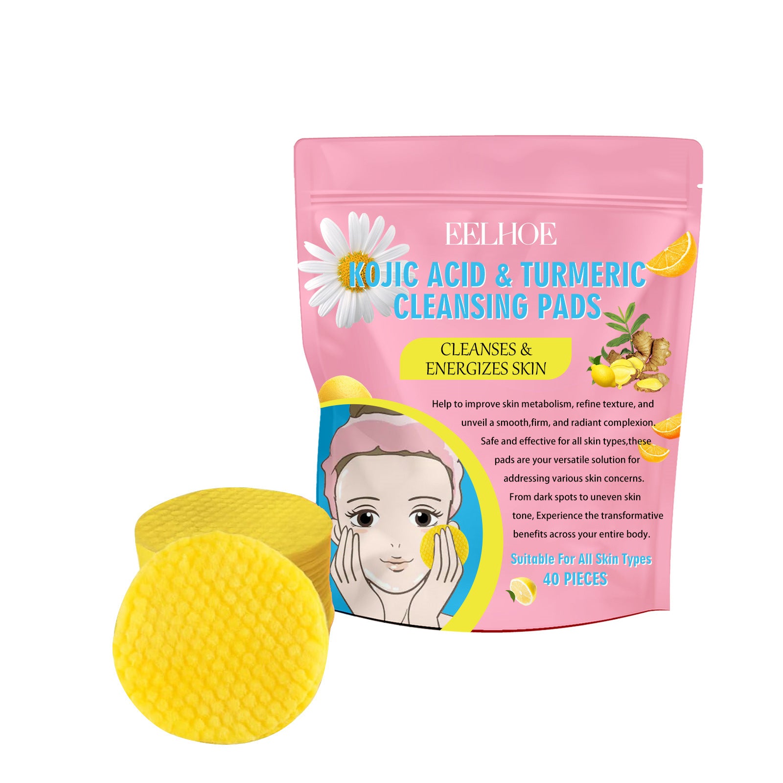 EELHOE Turmeric Kojic Acid Cleansing Pad Gentle Cleansing Skin Care Fades Acne Facial Brightening And Tender Pores