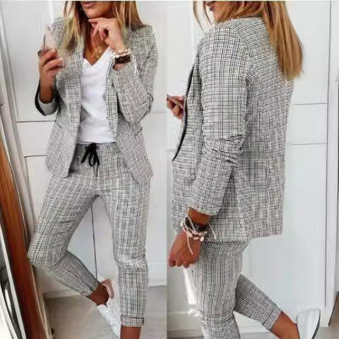 New 2024 European And American Women's Plaid Casual Slim-fit Lap-up Suit With Lace-up Pants Suit