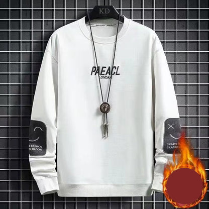 Streetwear sweatshirt featuring ‘PAEACL LONDON’ printed on the front, sleeve patches with additional branding, and available in four colors—red, black, grey, and white—perfect for urban fashion lovers.
