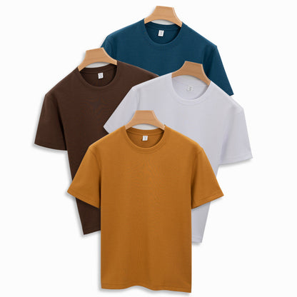 Premium double-sided cotton T-shirt available in white, flower gray, gray green, coffee, navy blue, gallon purple, black, ginger, and another shade of navy blue—featuring a round neck, half sleeves, and thickened breathable fabric for stylish everyday wear.