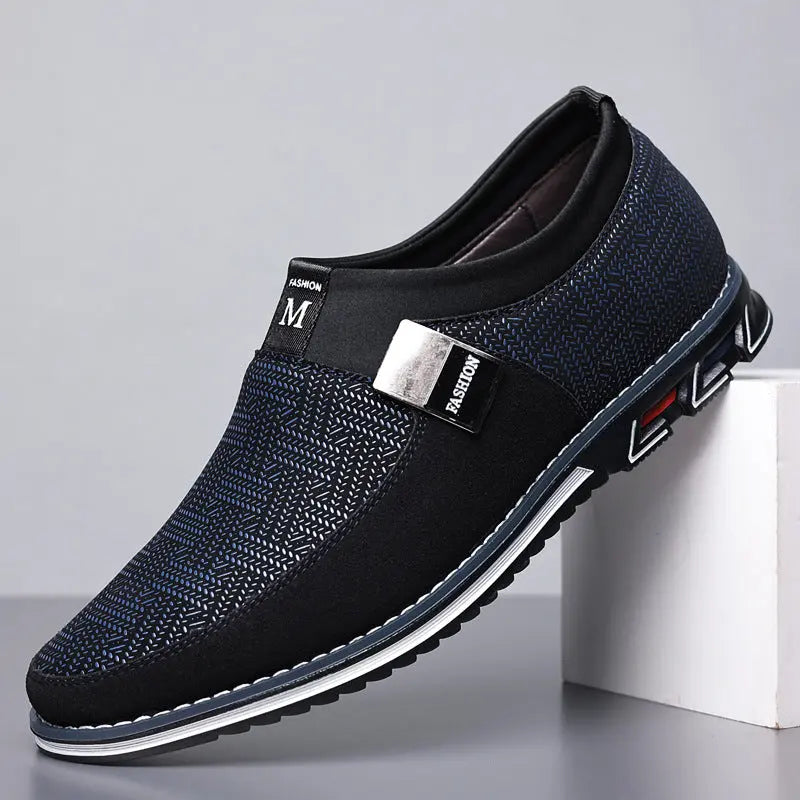 Men’s black slip-on casual loafers with breathable upper and cushioned sole