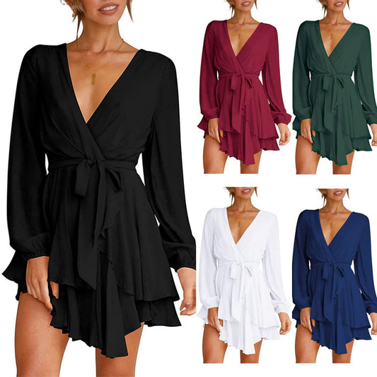 Deep V Neck Long Sleeve Dress Waist Tie Pleated Mini Skirt Skate Skirt