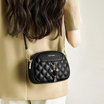 Women's Quilted Double-Zip PU Crossbody Bag with Charm