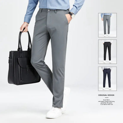 Men's Trousers Ice Silk High Elastic Men's Summer Casual Dress Pants Suit Pants Straight Drape Light Business Long Trousers