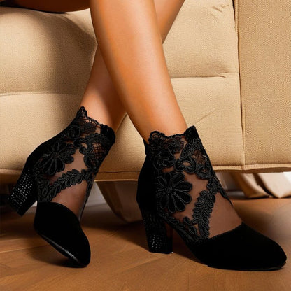 Lace Mesh Block Heel Ankle Boots - Elegant Floral Sheer