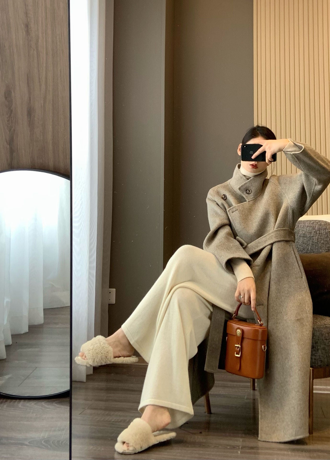 100 Sheep Wool Long-haired Mid-length Double-sided Woolen Coat With Stand-up Collar And Oblique Breasted Buttons