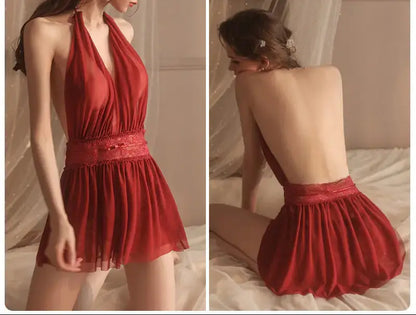 Rose Erotic Lingerie Pure Color Comfortable Pajamas Large Size Suspenders Nightdress Women's Mesh Backless Home Service Set 630