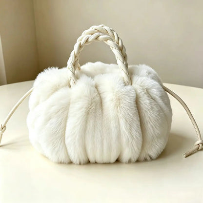 Women's Fluffy Pumpkin Handbag with Braided Handle