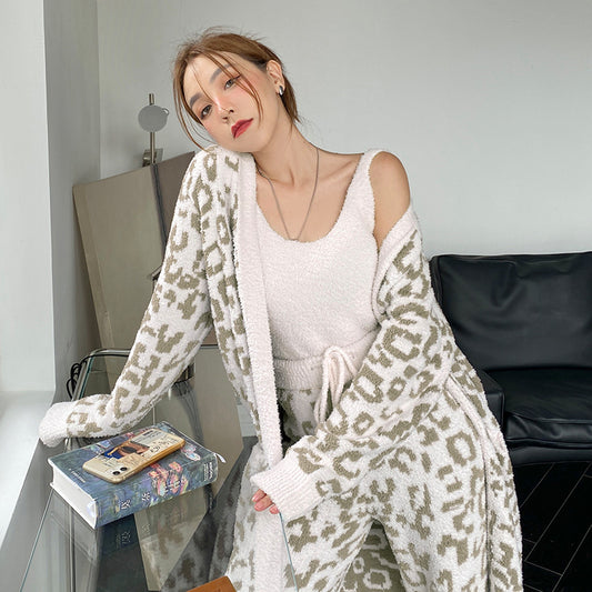 Three-piece Set Of Warm European And American Leopard Print Royal Sister Style Pajamas Women&#039;s Autumn And Winter Cardigan Wool Knitting Can Be Worn As Home Clothes
