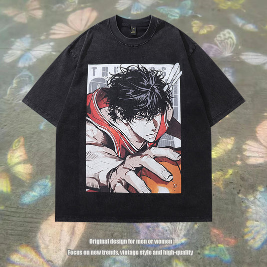 Distressed short sleeve t-shirt featuring a bold Japanese cartoon print with a hip-hop streetwear aesthetic.